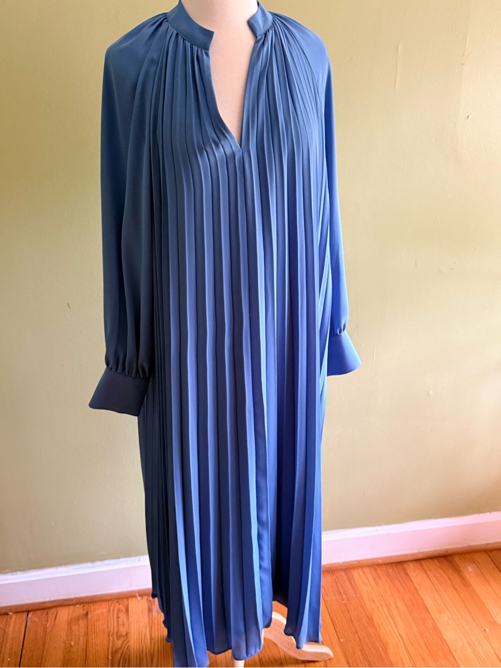 H&M Pleated Long-Sleeve Midi Dress in Dusty Blue